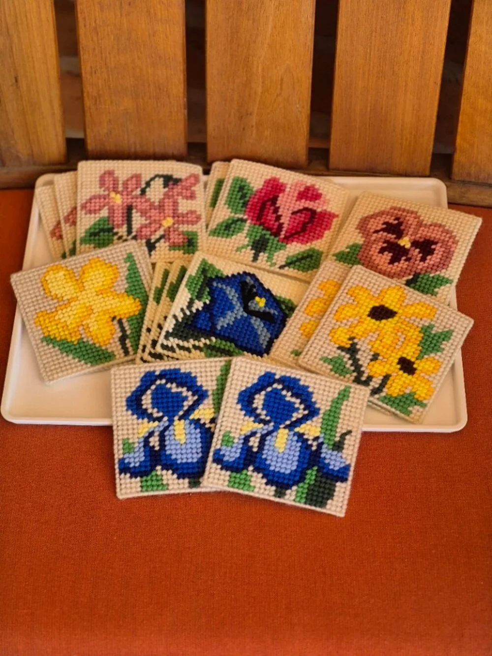 Handmade Floral Plastic Canvas Coasters Set of 16 in 7 Different Flower Patterns